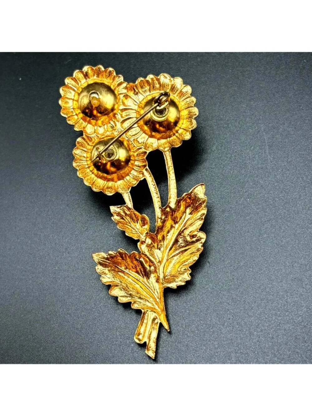 Vintage MCM Gold Faux Pearl Sunflower Brooch Pin Cottagecore Flower Bouquet